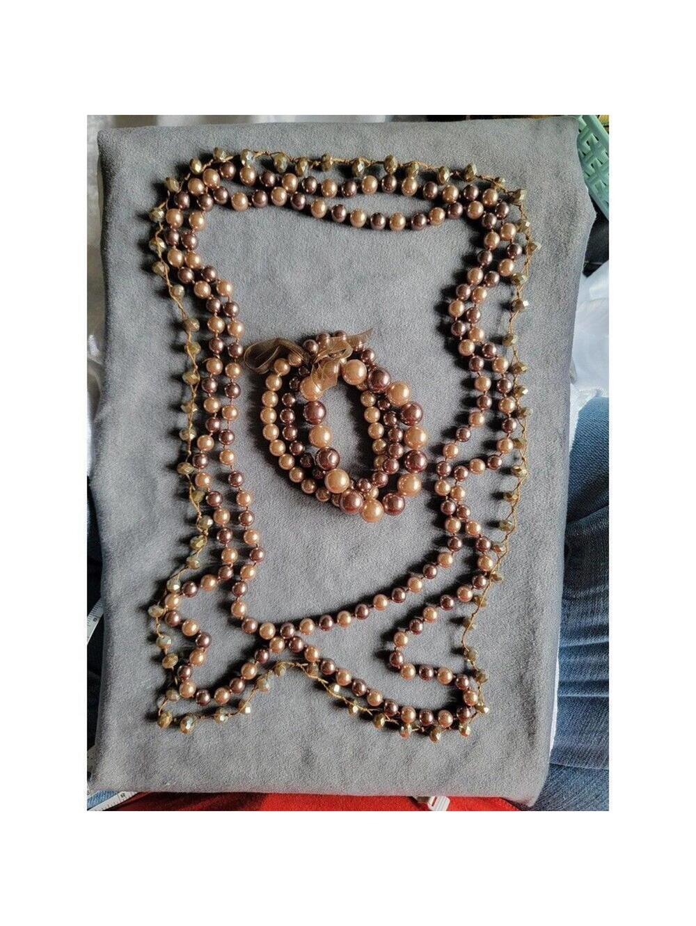 RMN Brown Pearl Necklace And Stretch Bracelet Set With Extra Crystal Necklace